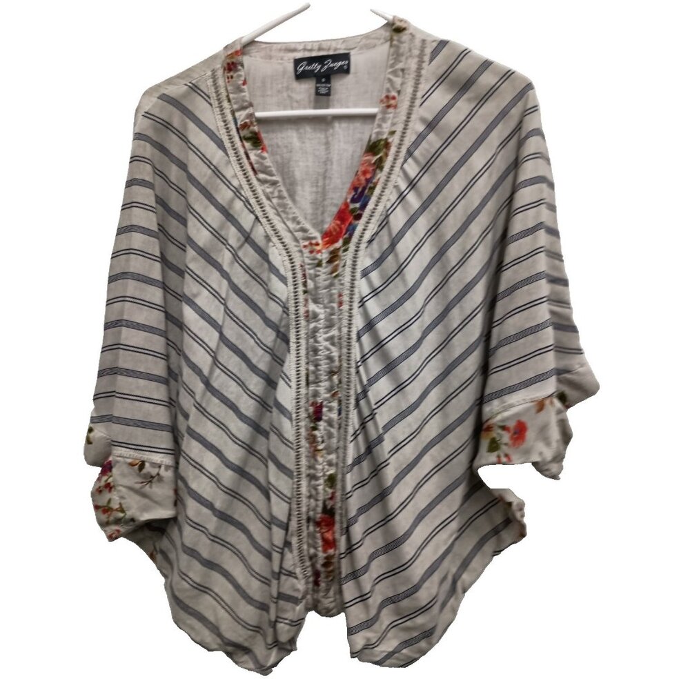 Gretty Zueger Womens BOHO Top Small Gray Striped Embroidered Dolman Sleeve